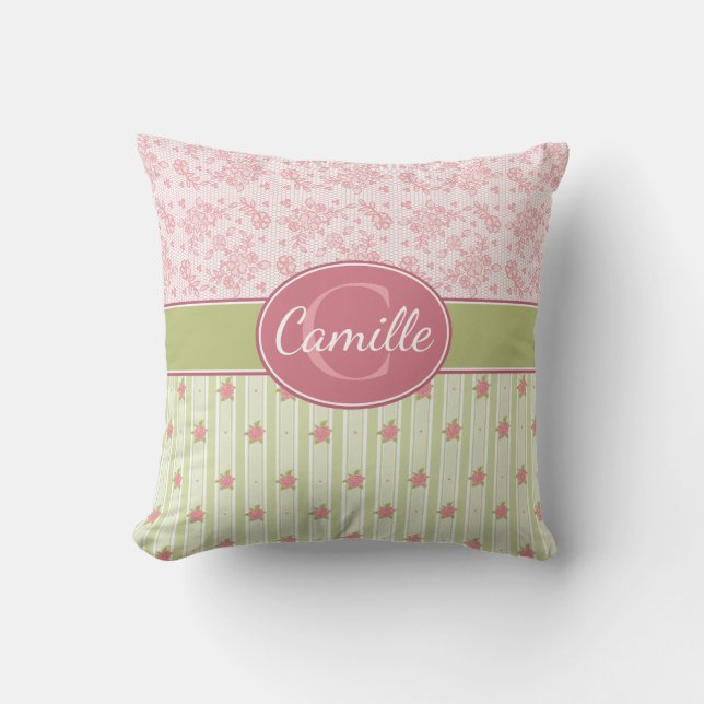 Personalized Lace & English Garden Throw Pillow (Front)