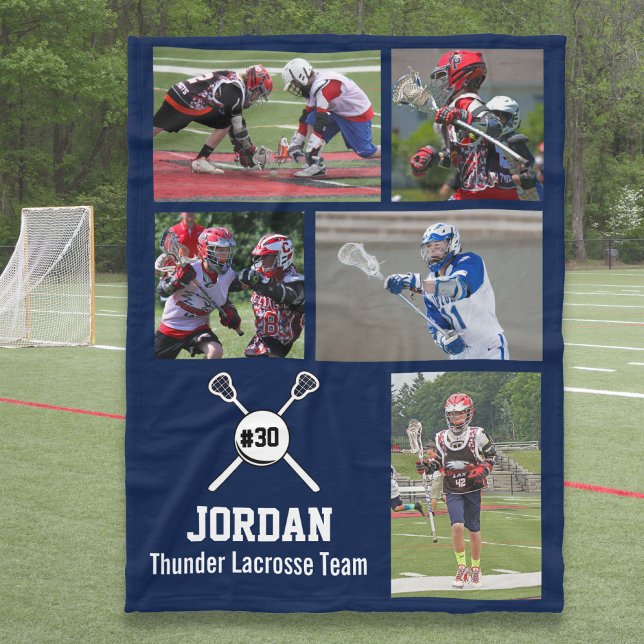 Personalized Lacrosse 5 Photo Collage Name Team # Fleece Blanket (Creator Uploaded)