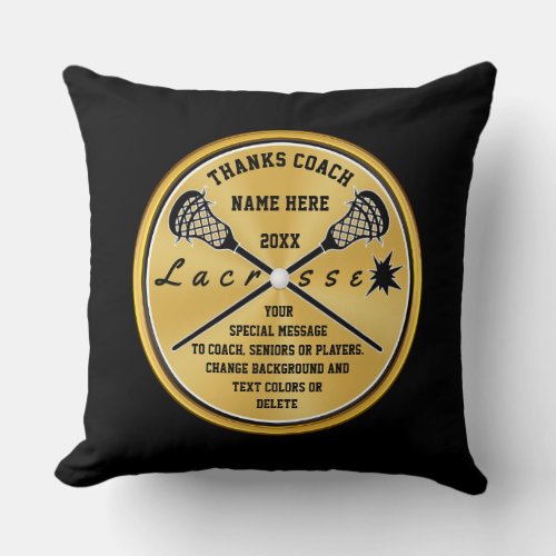 Personalized Lacrosse Coach Gifts Black and Gold Throw Pillow