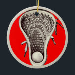 Personalized Lacrosse Player 2025 Keepsake Ceramic Ornament<br><div class="desc">Lacrosse team player award or keepsake gift featuring lax stick and ball illustration on red background. Edit text to add player's name and the year.</div>