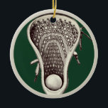 Personalized Lacrosse Player Keepsake Ceramic Ornament<br><div class="desc">Unique lacrosse team player award gift featuring lax stick and ball illustration on green background. Edit text to add player's name and the year.</div>