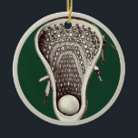 Personalized Lacrosse Player Keepsake Ceramic Ornament<br><div class="desc">Unique lacrosse team player award gift featuring lax stick and ball illustration on green background. Edit text to add player's name and the year.</div>