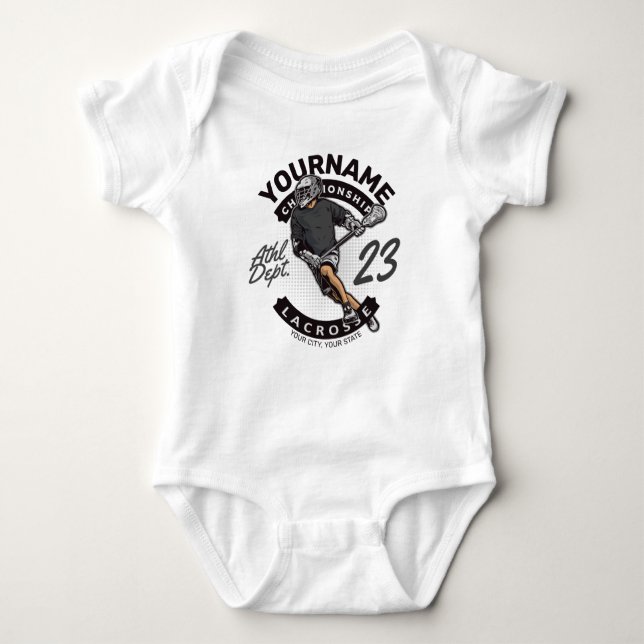 Personalized Lacrosse Player Sports Team Attack  Baby Bodysuit (Front)