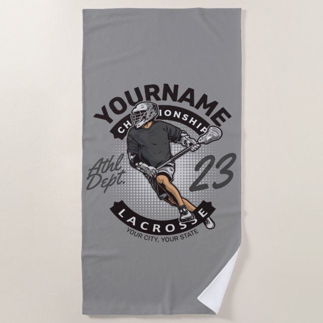Personalized Lacrosse Player Sports Team Attack Beach Towel (Front)
