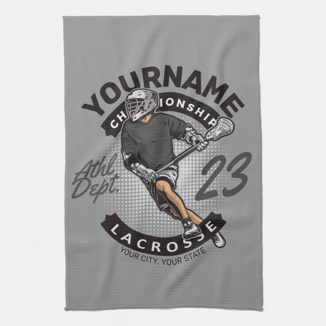 Personalized Lacrosse Player Sports Team Attack  Kitchen Towel (Vertical)
