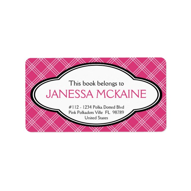 Personalized Ladies Bookplate Sticker Pink White (Front)