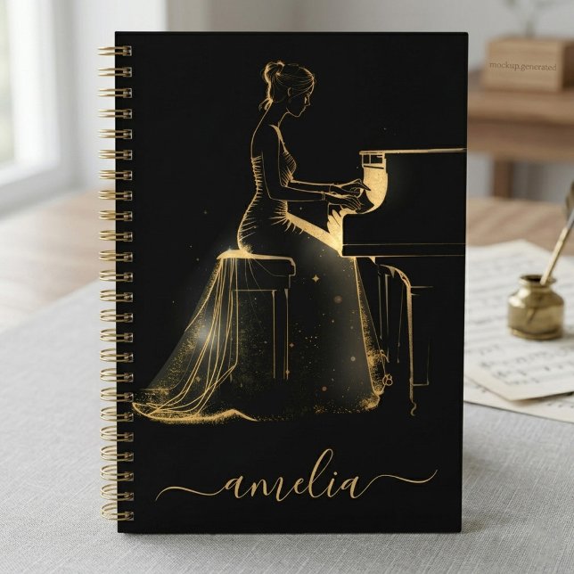 Personalized Lady Grand Piano Artistic Black Gold  Notebook (Creator Uploaded)