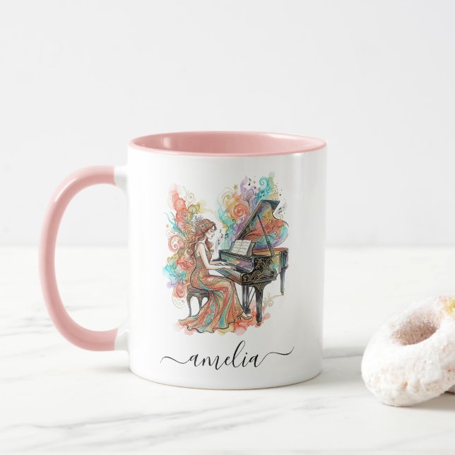 Personalized Lady Grand Piano Artistic Colourful   Mug (With Donut)