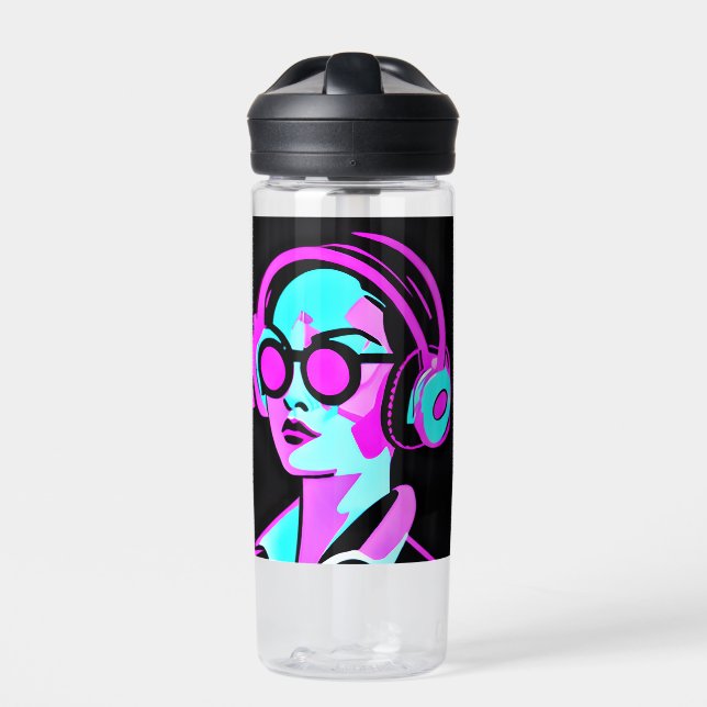 Personalized Lady in Headphones Jamming to Music Water Bottle (Front)