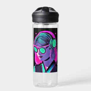 Personalized Lady in Headphones Teal and Pink Water Bottle