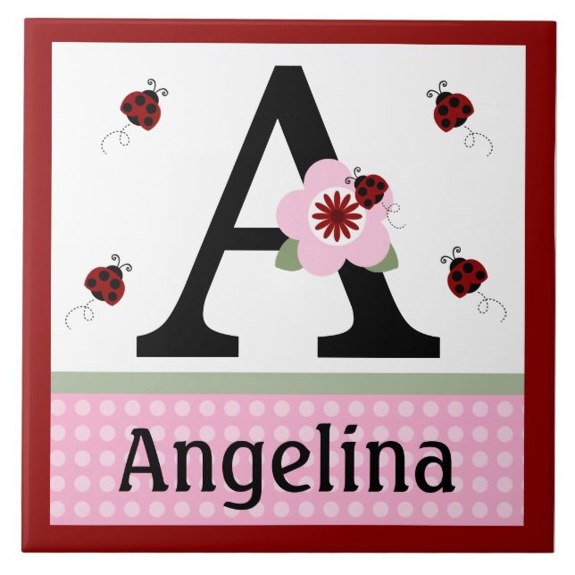 Personalized Ladybug & Flowers 2 Letter Name Tile (Front)