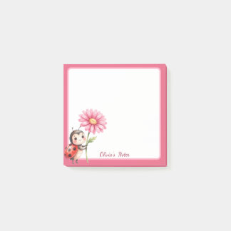 Personalized Ladybug Pink Flower Sticky Notes