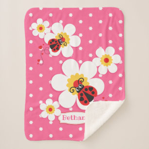 Personalized ladybugs ladybirds pink white sherpa blanket