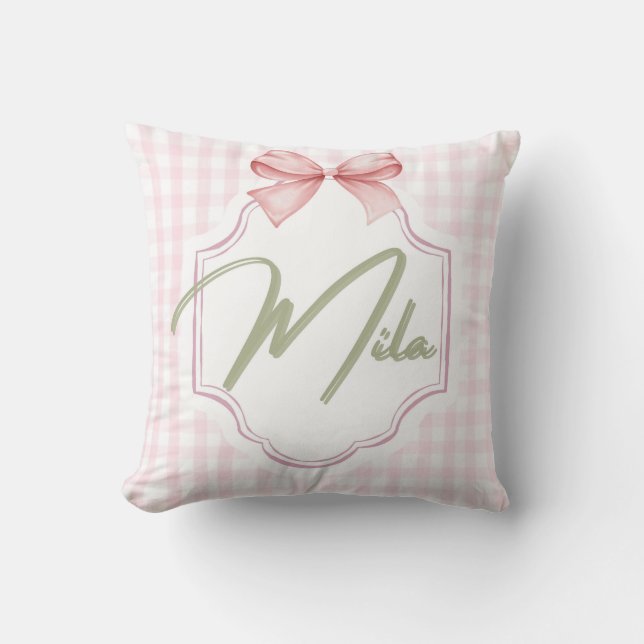 Personalized Lainey Baby Girl Nursery Bow&Gingham  Throw Pillow (Front)