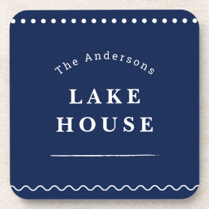 Personalized Lake House Navy Blue Family Name Beverage Coaster
