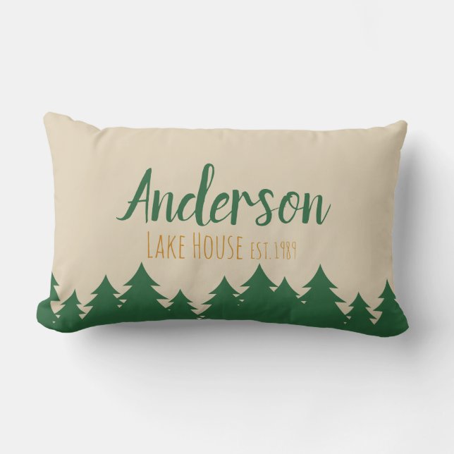 Personalized Lake House & Pine Trees Throw Pillow (Front)
