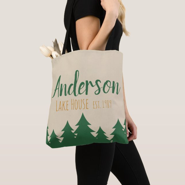 Personalized Lake House & Pine Trees Tote Bag (Close Up)