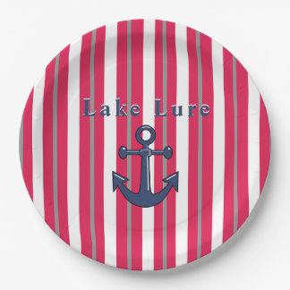 Personalized Lake or Beach Red White Round Paper Plates