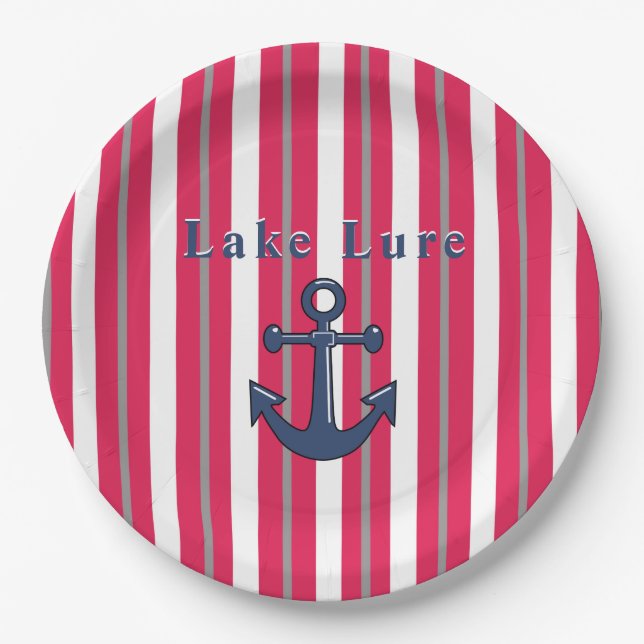 Personalized Lake or Beach Red White Round Paper Plates (Front)