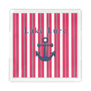Personalized Lake or Beach Red White Striped     Acrylic Tray