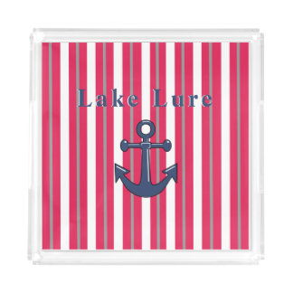 Personalized Lake or Beach Red White Striped Acrylic Tray