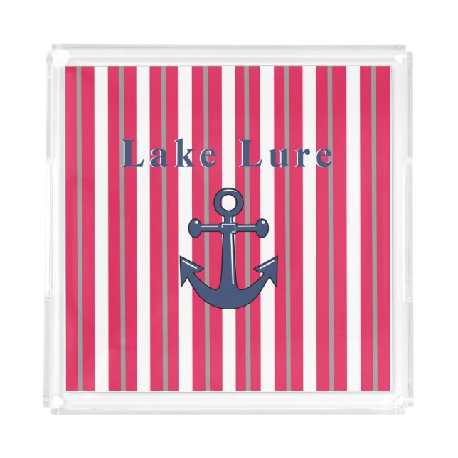 Personalized Lake or Beach Red White Striped     Acrylic Tray (Front)