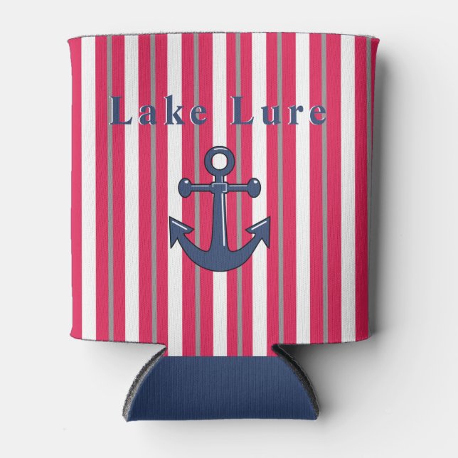 Personalized Lake or Beach Red White Striped   Can Cooler (Front)
