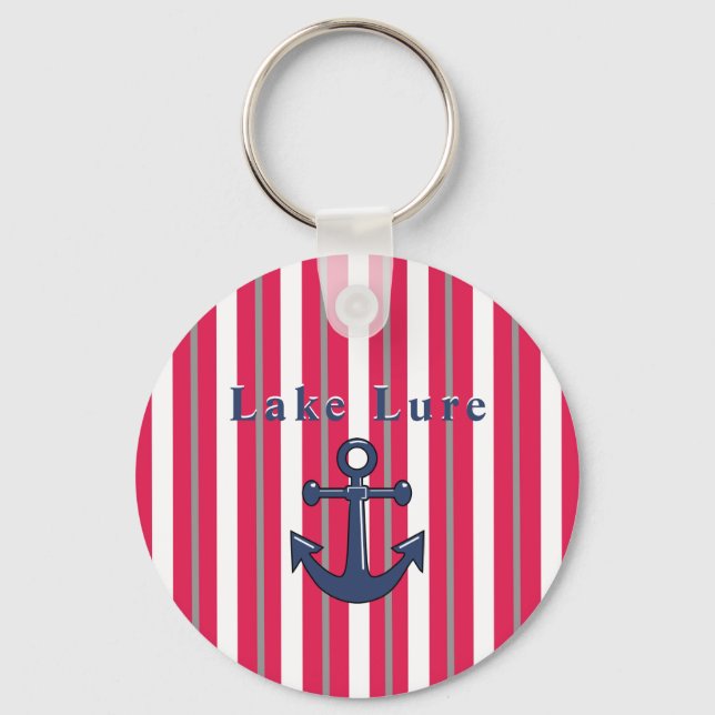 Personalized Lake or Beach Red White Striped  Keychain (Front)