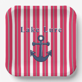 Personalized Lake or Beach Red White Striped Paper Plates