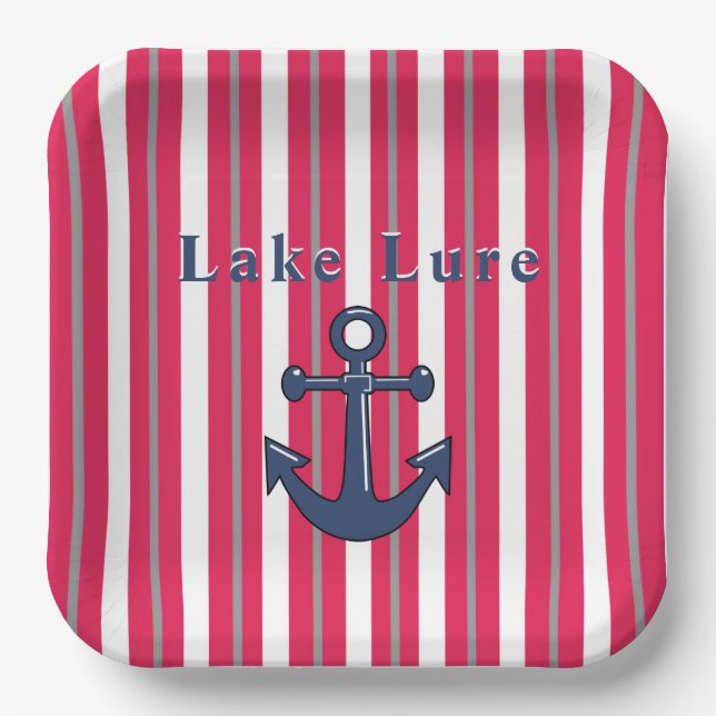 Personalized Lake or Beach Red White Striped Paper Plates (Front)