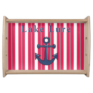 Personalized Lake or Beach Red White Striped      Serving Tray