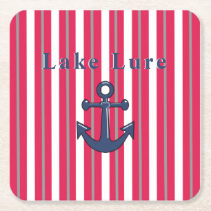 Personalized Lake or Beach Red White Striped    Square Paper Coaster