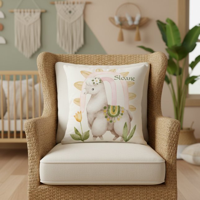 Personalized Lama, Baby Animals, Boho, Rainbow Throw Pillow (Creator Uploaded)