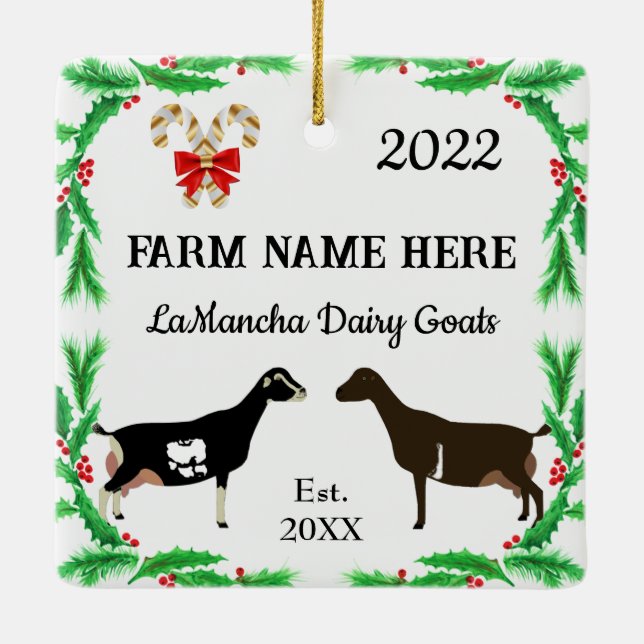 Personalized LaMancha Dairy Goat Farm Christmas Ceramic Ornament (Back)