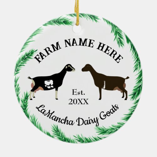 Personalized LaMancha Dairy Goat Pine Wreath Ceramic Ornament