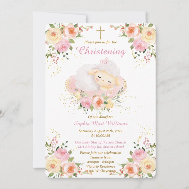 Personalized Lamb Christening girl Invitation (Front)