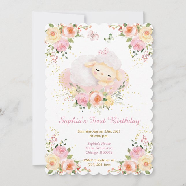 Personalized Lamb Girl 1st Birthday Invitation (Front)