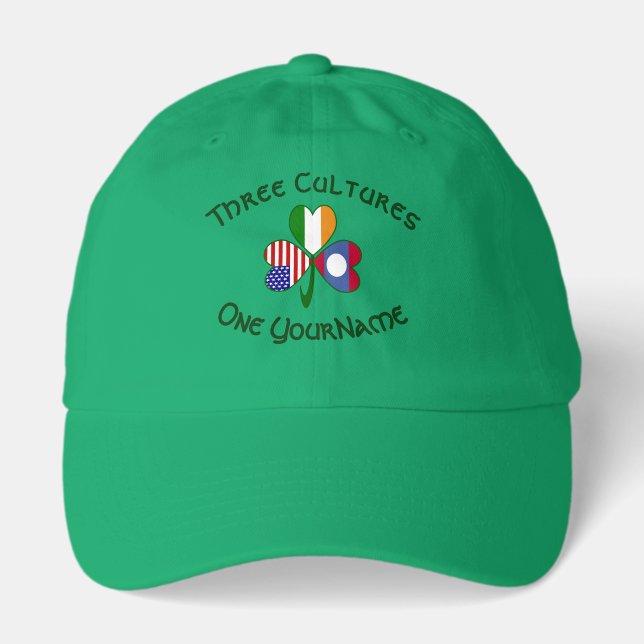 Personalized Laos Ireland USA Flag Shamrock Dad Hat (Front)