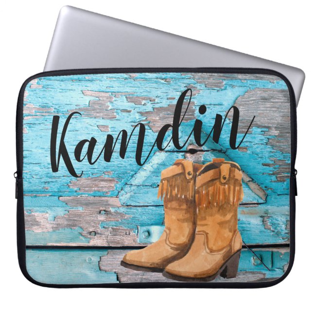 Personalized Laptop Case Blue Wood Barn Door Boots (Front)