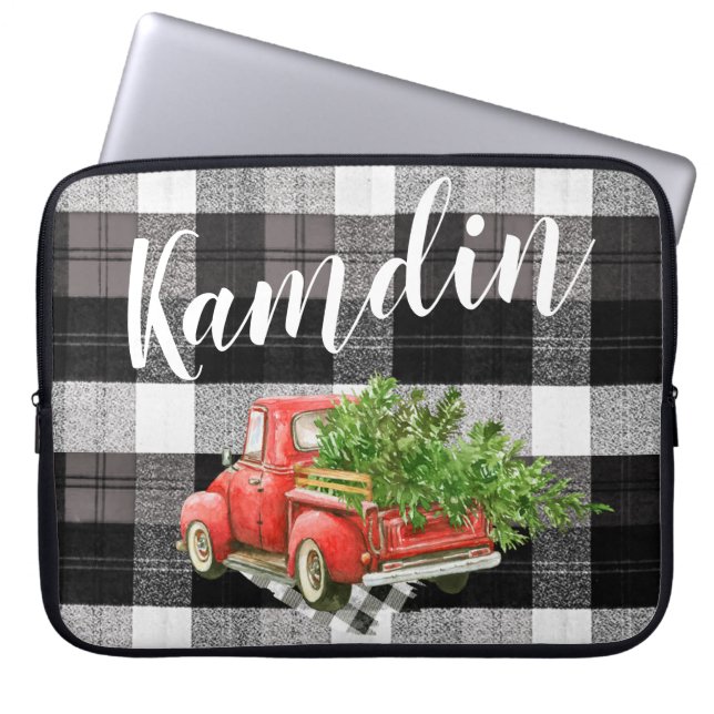 Personalized Laptop Case XMAS Truck Buffalo Plaid (Front)