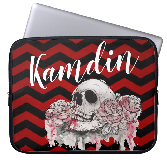 Personalized Laptop Caseskull Rose goth Chevron bl Sleeve (Front)