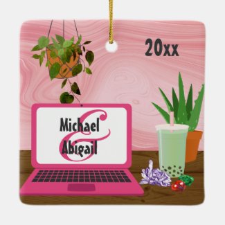 Personalized Laptop New Age Couples Love Christmas Ceramic Ornament