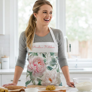 Personalized Large Floral Pattern Pink White Green Apron