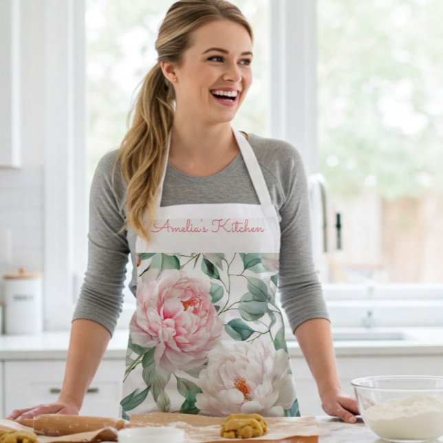 Personalized Large Floral Pattern Pink White Green Apron (Creator Uploaded)