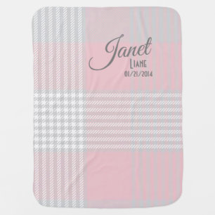 Personalized Large Pink & Gray Plaid Baby Blanket