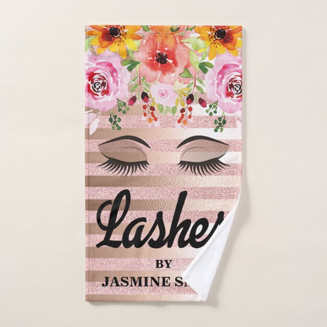 Personalized Lashes Rose Gold Glitter Floral Hand Towel (Hand Towel)