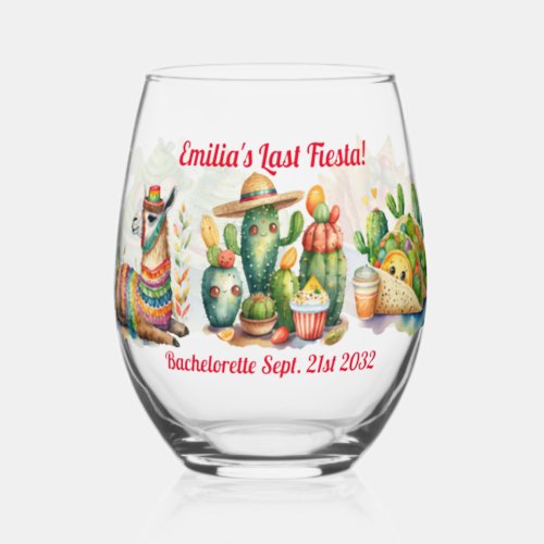 Personalized Last FIESTA Bachelorette CACTI Llama  Stemless Wine Glass