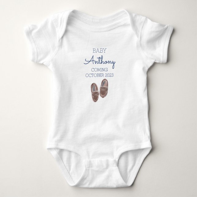 Personalized Last Name Announcement Baby Boy Shoes Bodysuit (Front)