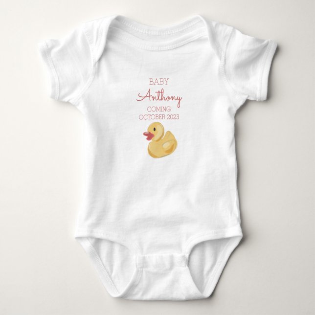 Personalized Last Name Announcement Baby Duck Red Bodysuit (Front)