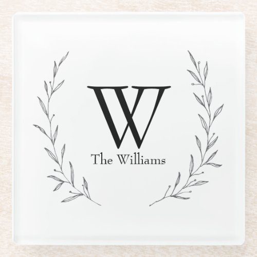 Personalized Last Name Botanical Crest Glass Coaster